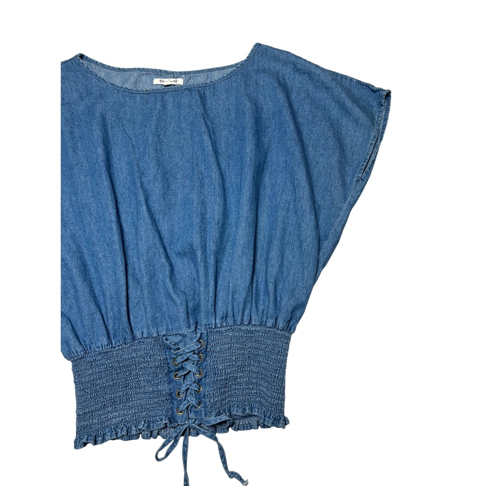 Tea Rose Denim Corset Top Women S Blue Cotton Lace Up Waist Smocked Boho Peasant - Picture 12 of 14